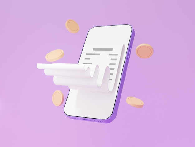 Paiements en ligne 3D Facture et pièces flottant sur fond violet Payer de l'argent via l'application concept de transfert d'échange bancaire Internet mobile dessin animé minimal illustration de rendu 3d