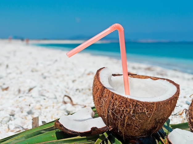 Paille en plastique dans une noix de coco au bord de la mer