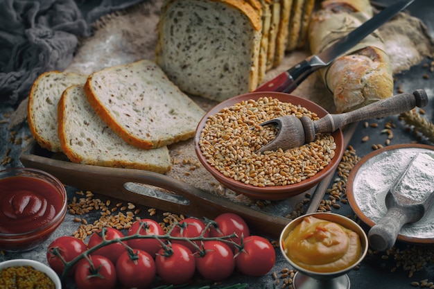 Pain avec des accessoires de cuisine sur la table