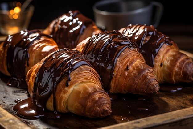 Photo pain au chocolat avec une garniture de chocolat noir une friandise du matin indulgente