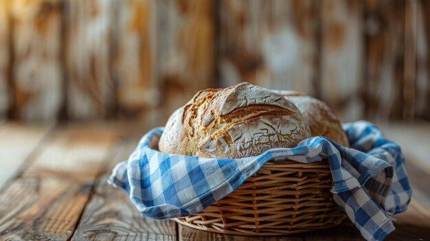 Photo un pain au levain artisanal dans un tissu bleu rustique sur un panier en bois