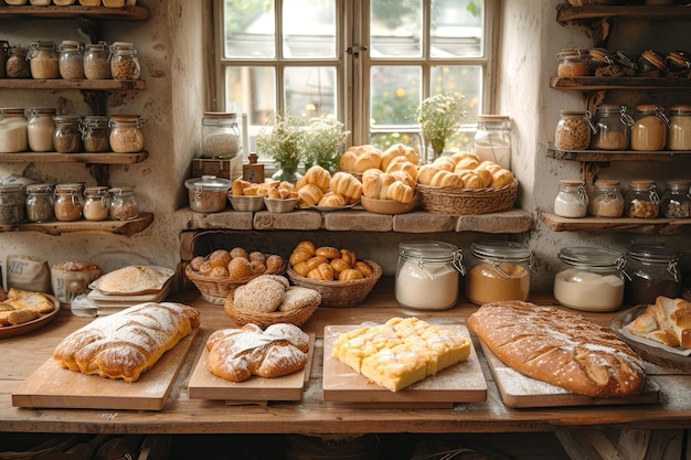 pain au levain fraîchement cuit à la maison et pâtisseries dans une cuisine rustique et confortable
