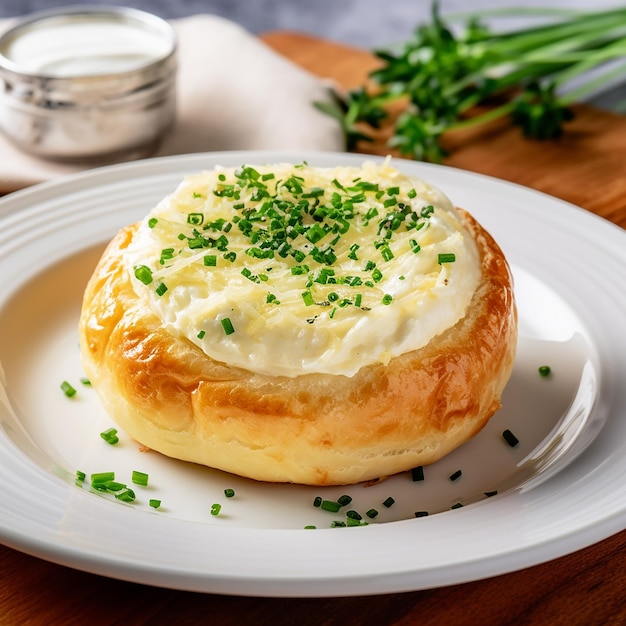 Pain au parmesan avec fromage à la crème et ciboulette sur une assiette