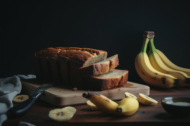 Un pain aux bananes est sur une planche à découper à côté d'un pain aux bananes.