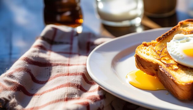 Le pain aux œufs sur l'assiette photographié à la lumière naturelle