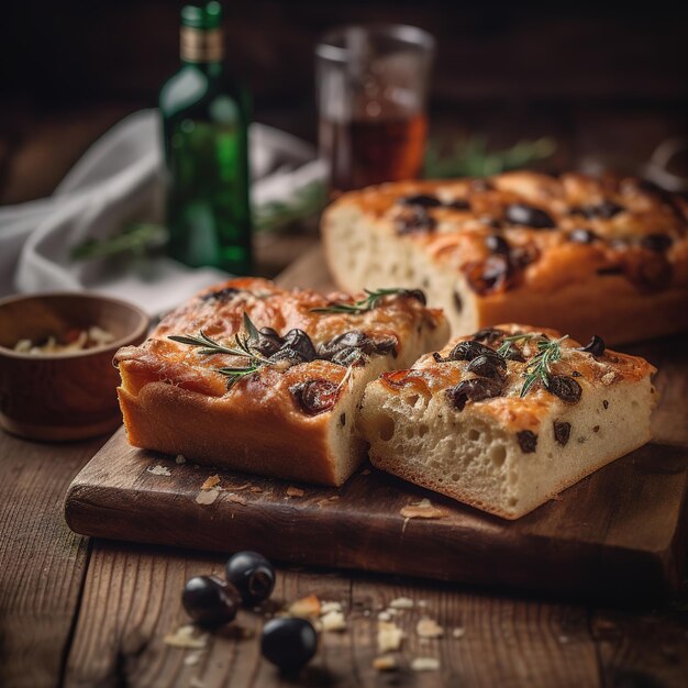 Pain aux olives et au romarin sur une planche de bois