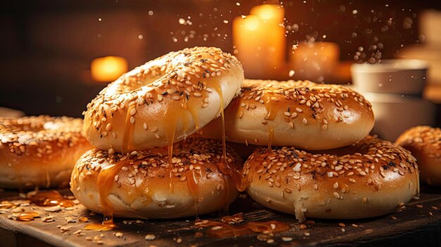 Pain bagels avec sucre saupoudré et graines de sésame sur fond flou de table en bois