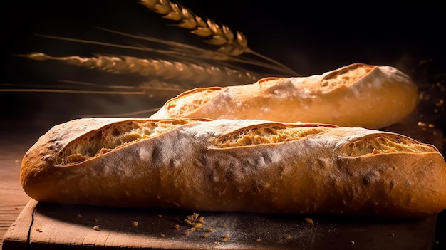 Pain baguette traditionnel français et blé sur une table