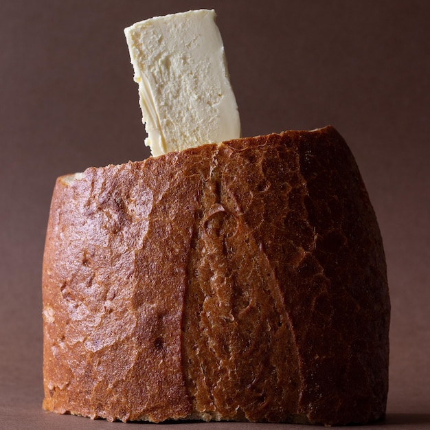 Pain et beurre sur fond marron Petit-déjeuner Nourriture Nature morte