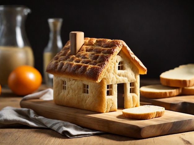 Pain et beurre sous la forme d'une maison sur un fond en bois IA générative