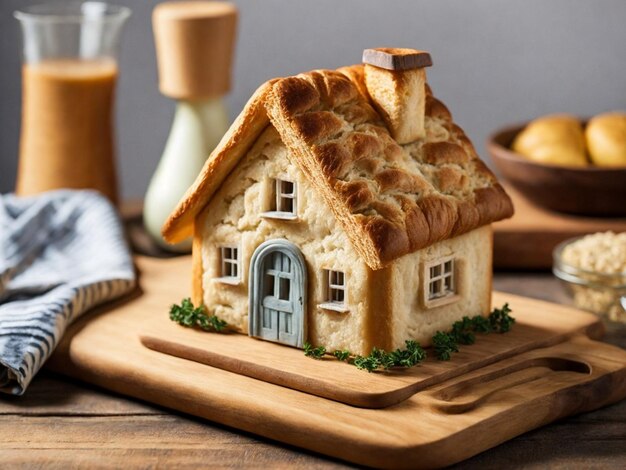 Pain et beurre sous la forme d'une maison sur un fond en bois IA générative