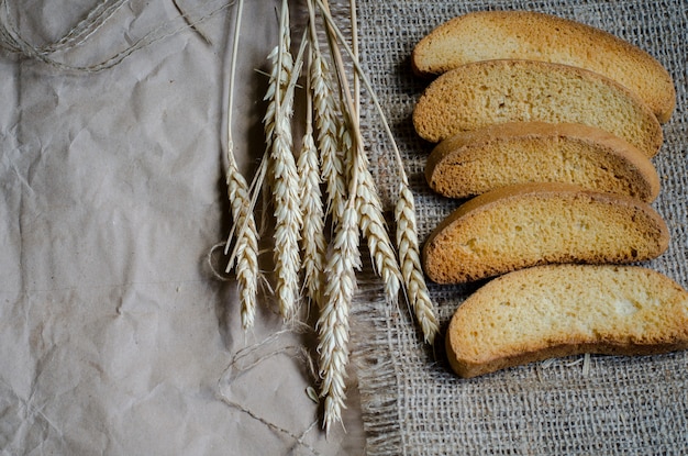 Pain blanc sec de biscotte sur toile et papier et épillets de seigle mûrs