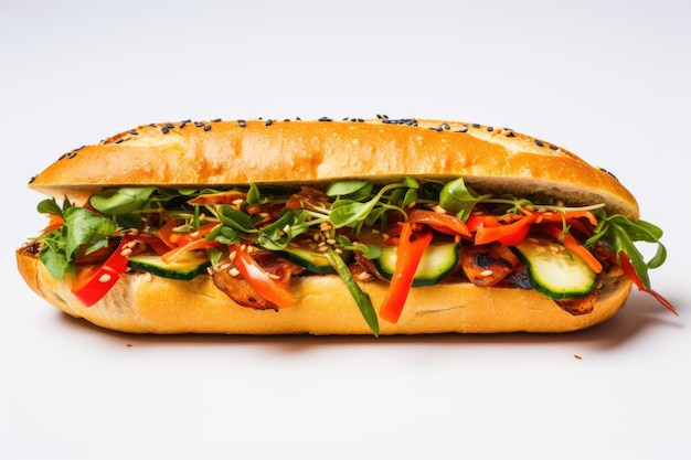 Pain blanc texturé avec sandwich fusion asiatique végétalien rempli de légumes fermentés et frais