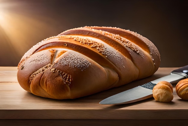 Pain brun et gonflé sur la table avec du sésame et de la farine dessus