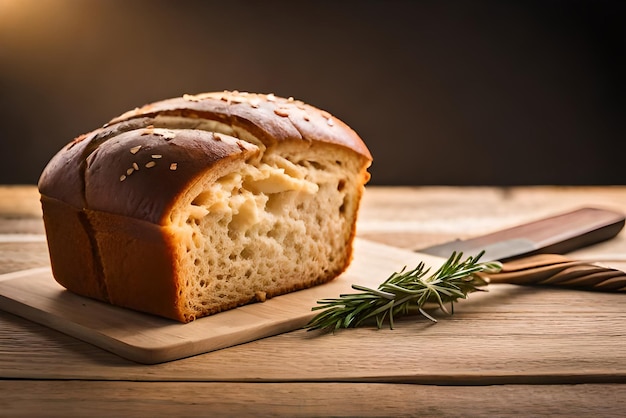 Pain brun et gonflé sur la table avec du sésame et de la farine dessus