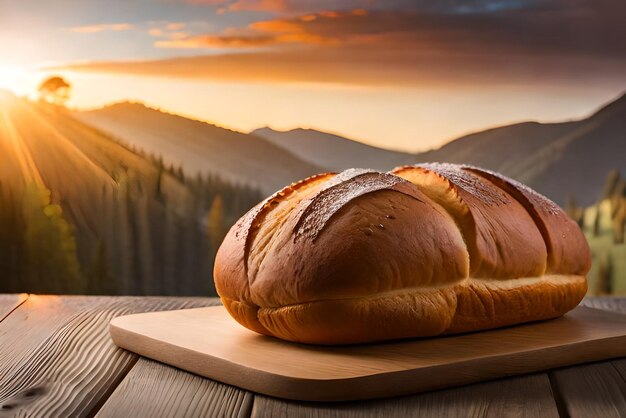 Pain brun et gonflé sur la table avec du sésame et de la farine dessus