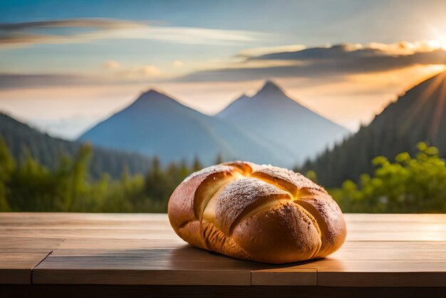 Pain brun et gonflé sur la table avec du sésame et de la farine dessus