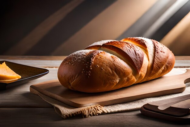 Pain brun et gonflé sur la table avec du sésame et de la farine dessus