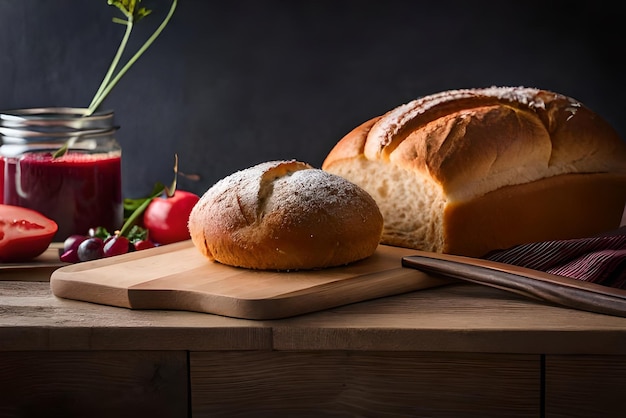 Pain brun et gonflé sur la table avec du sésame et de la farine dessus