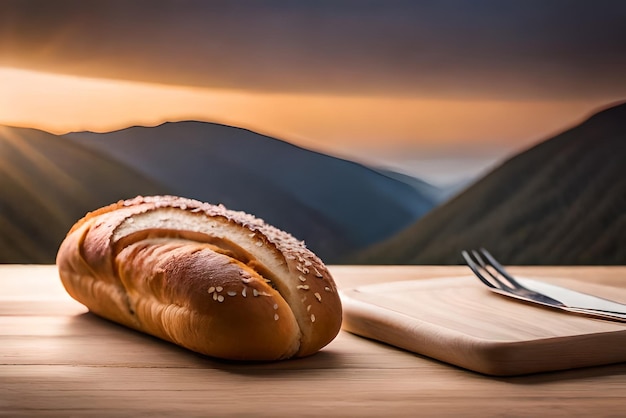 Pain brun et gonflé sur la table avec du sésame et de la farine dessus