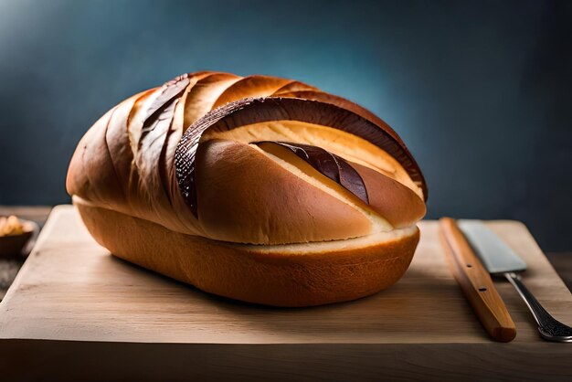 Pain brun et gonflé sur la table avec du sésame et de la farine dessus