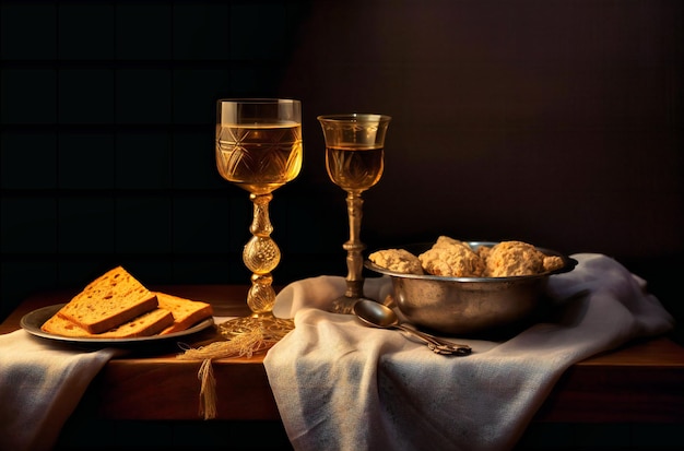 Pain de calice doré et vin l'un à côté de l'autre sur la table