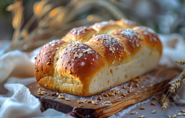 Pain de challah avec des grains et des épis de blé sur une planche de bois