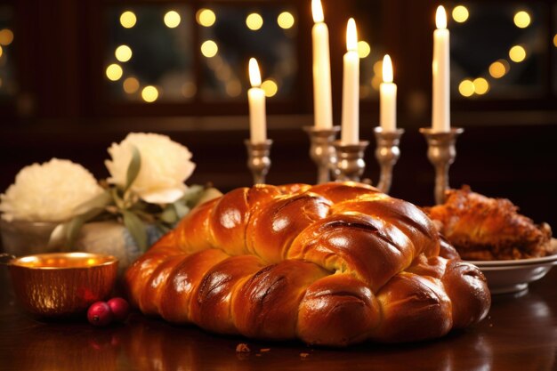 Photo pain challah traditionnel près des bougies allumées de hanoukka