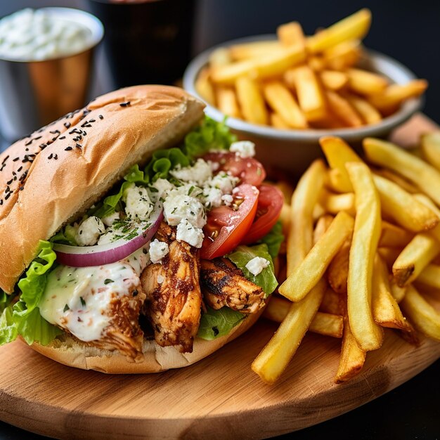 Photo pain de concept de nourriture grecque avec salade de poulet et frites