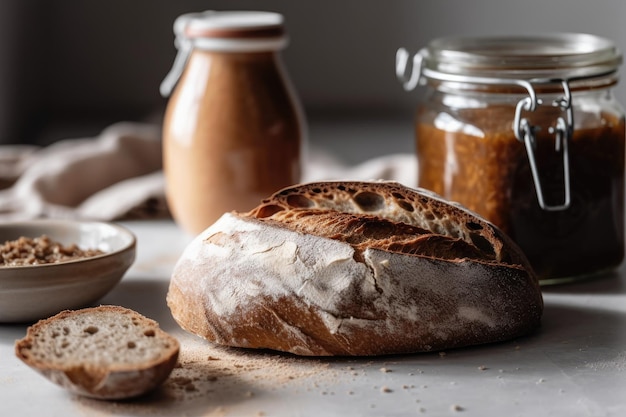 Pain à côté d'un pot de levain sur une table blanche Generative AI