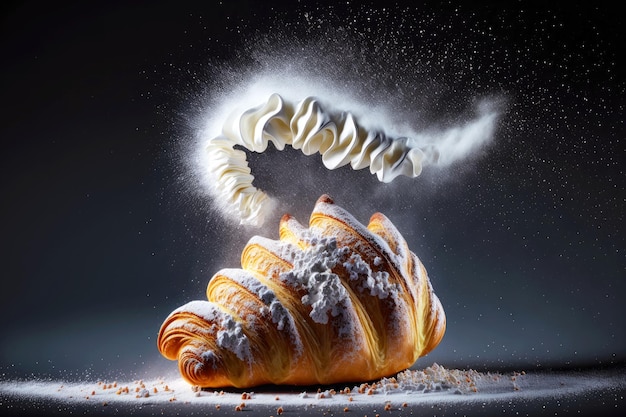 Photo pain croissant au beurre dans du sucre en poudre et de la farine sur fond sombre