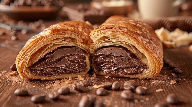 Pain croissant avec du beurre à la crème au chocolat Dessin d'arrière-plan de la bannière