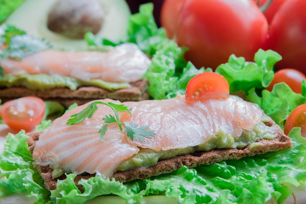 Pain croustillant au guacamole et saumon sur fond végétal