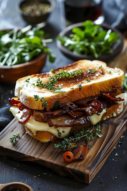 Un pain avec du fromage et des herbes sur la planche à couper