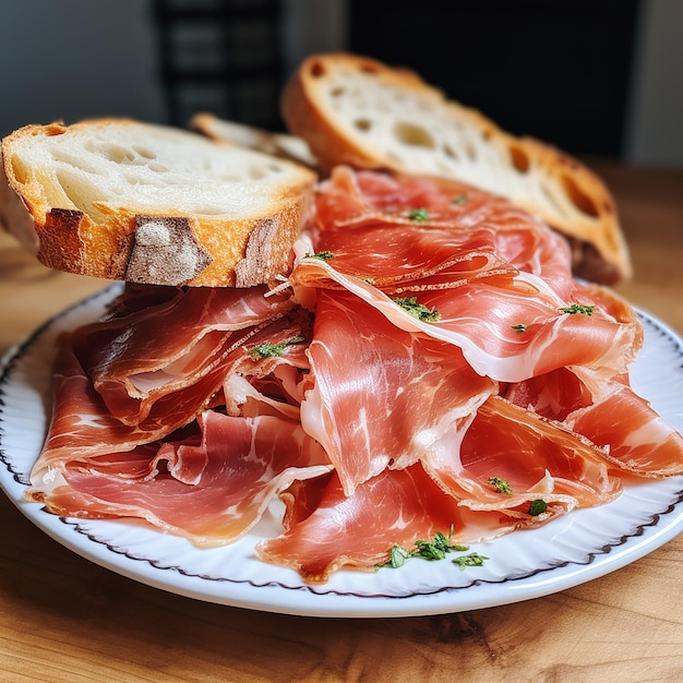 Pain d'élégance artisanal avec jambon de Parme sur une assiette blanche