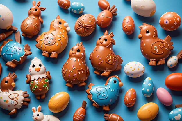 Pain d'épice de couleur glacé Figures de Pâques lapin œuf de poulet carotte sur un fond lumineux Bonne Pâques Vue supérieure