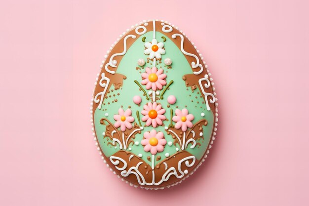 Photo pain d'épice décoré en forme d'œuf sur un fond pastel doux de pâques dans des couleurs vives