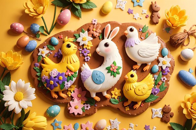 Pain d'épice de Pâques avec glaçage, lapin, œuf de poulet, fleurs de saison sur fond jaune, concept floral festif, composition de figures de biscuits vitrés, vue supérieure plate pour la bannière de texte
