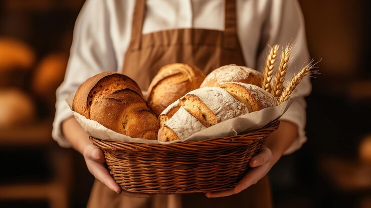 Photo pain fait maison dans une petite boulangerie femme tenant un panier avec divers pains fraîchement cuits