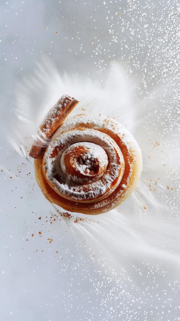 Un pain fraîchement cuit avec du sucre à la cannelle et des mouches de farine sur un fond blanc AI générative esthétique