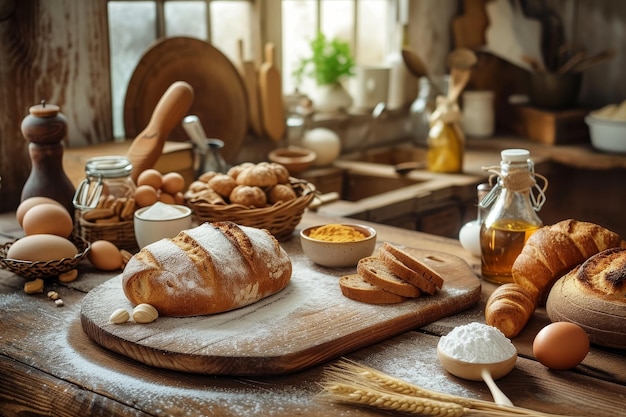 pain frais et gros fait maison et ingrédients dans la cuisine rustique confortable composition alimentaire