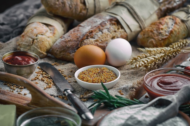 Pain frais sur un vieux fond avec des accessoires de cuisine sur la table.