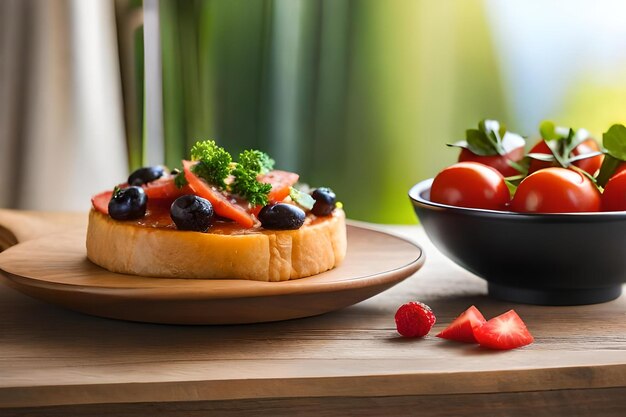 un pain avec des fraises et des fraises sur une table en bois