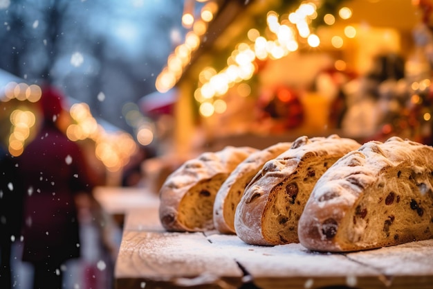 Photo un pain de fruits allemand stollen avec un marché de noël joyeux doucement défilé en arrière-plan