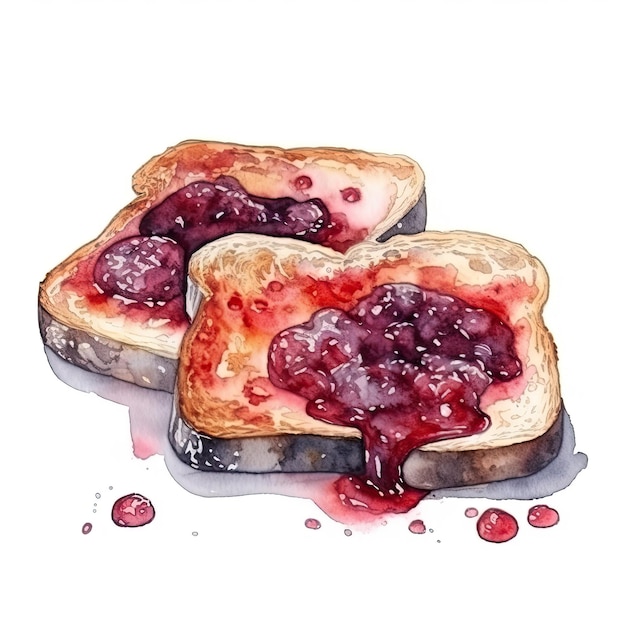 pain grillé avec de la confiture illustration à l'aquarelle sur fond blanc