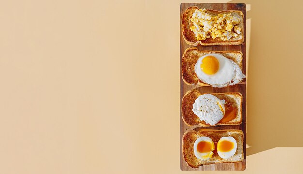 Pain grillé frit avec quatre différents types d'œufs de poule cuits œufs brouillés œufs au plat œuf poché et œuf à la crème Petit-déjeuner d'œufs de poule