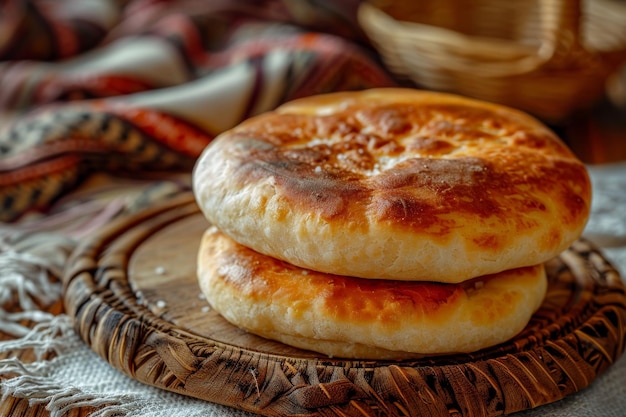 Photo pain maison lepeshka avec sel sur une nappe rustique traditionnelle pièces orientales fraîchement cuites