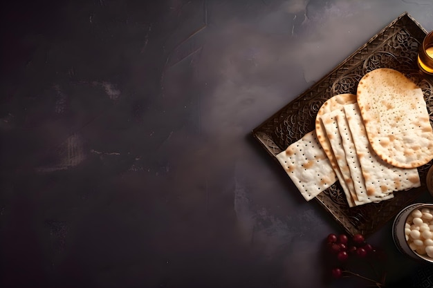 Pain matzah traditionnel juif sur fond noir Pâque Generative AI 1