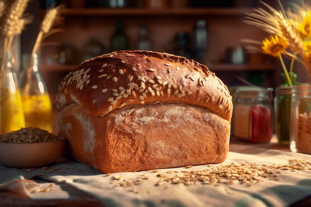 Pain multi-grains complet bio et sain fait maison sur une table en bois généré par l'IA