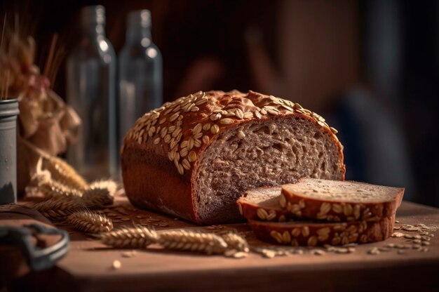 Pain multi-grains complet bio et sain fait maison sur une table en bois généré par l'IA